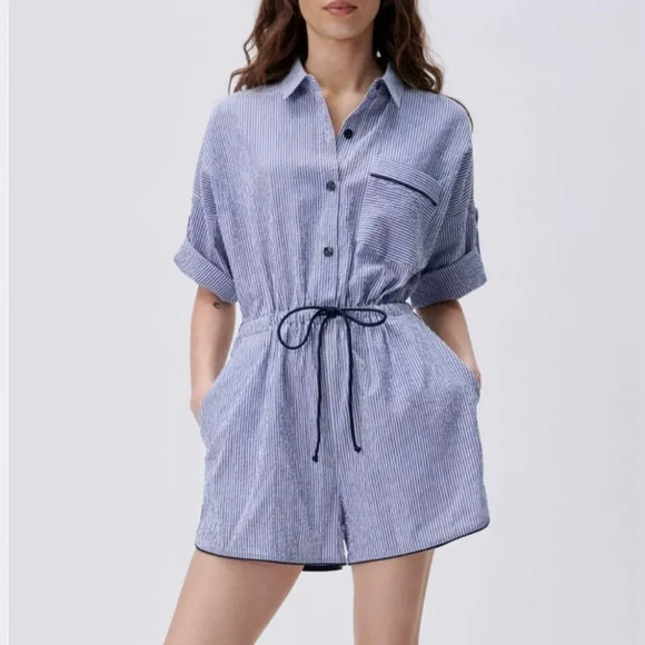 Zara Blue/White Striped Seersucker Button down playsuit Romper drawstrings Sz S - Picture 2 of 12